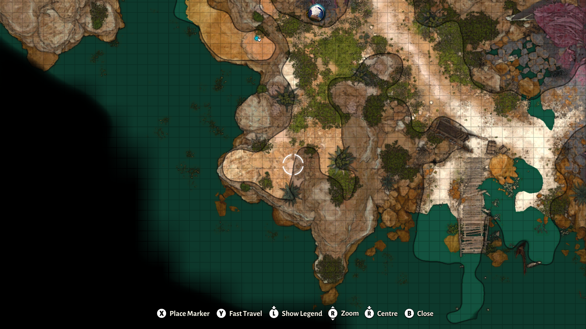 A screenshot from Baldur's Gate 3 of a small, zoomed in portion of the map, showing the paths along a rocky beach and a dock. The walkable areas are lighter in color and have a black border, and the background terrain is darker in color.