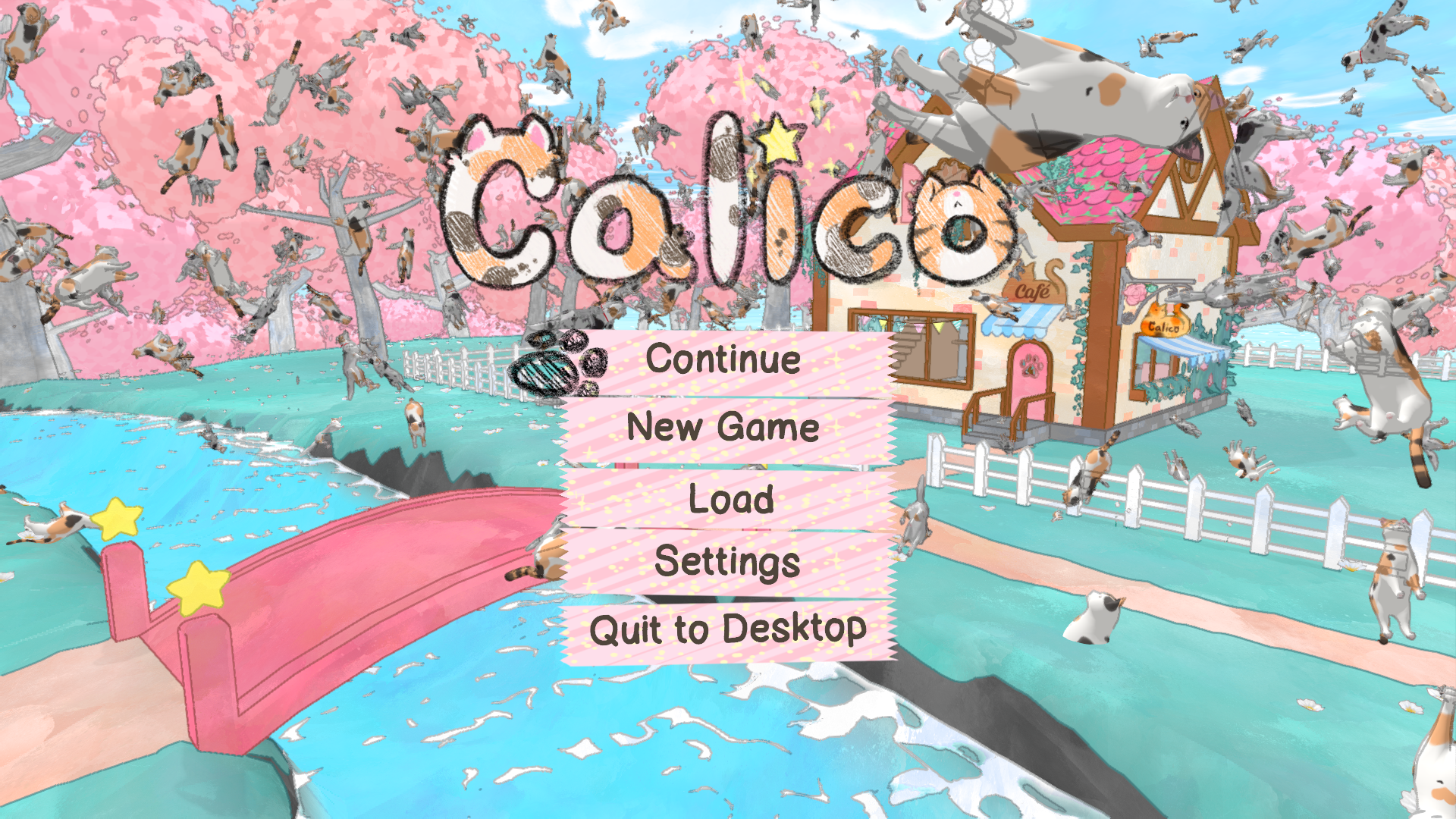 A screenshot of the title screen of the game Calico. The background has the player's house and café, the yard around it, a river with a bridge crossing it, and cherry blossom trees behind everything. The main feature of the title screen is the fact that there are dozens of 3D models of a calico cat floating around in the air.