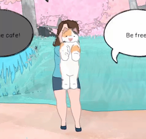 A GIF from the game Calico of the player character holding the fat calico cat Pudgems and rotating him around.