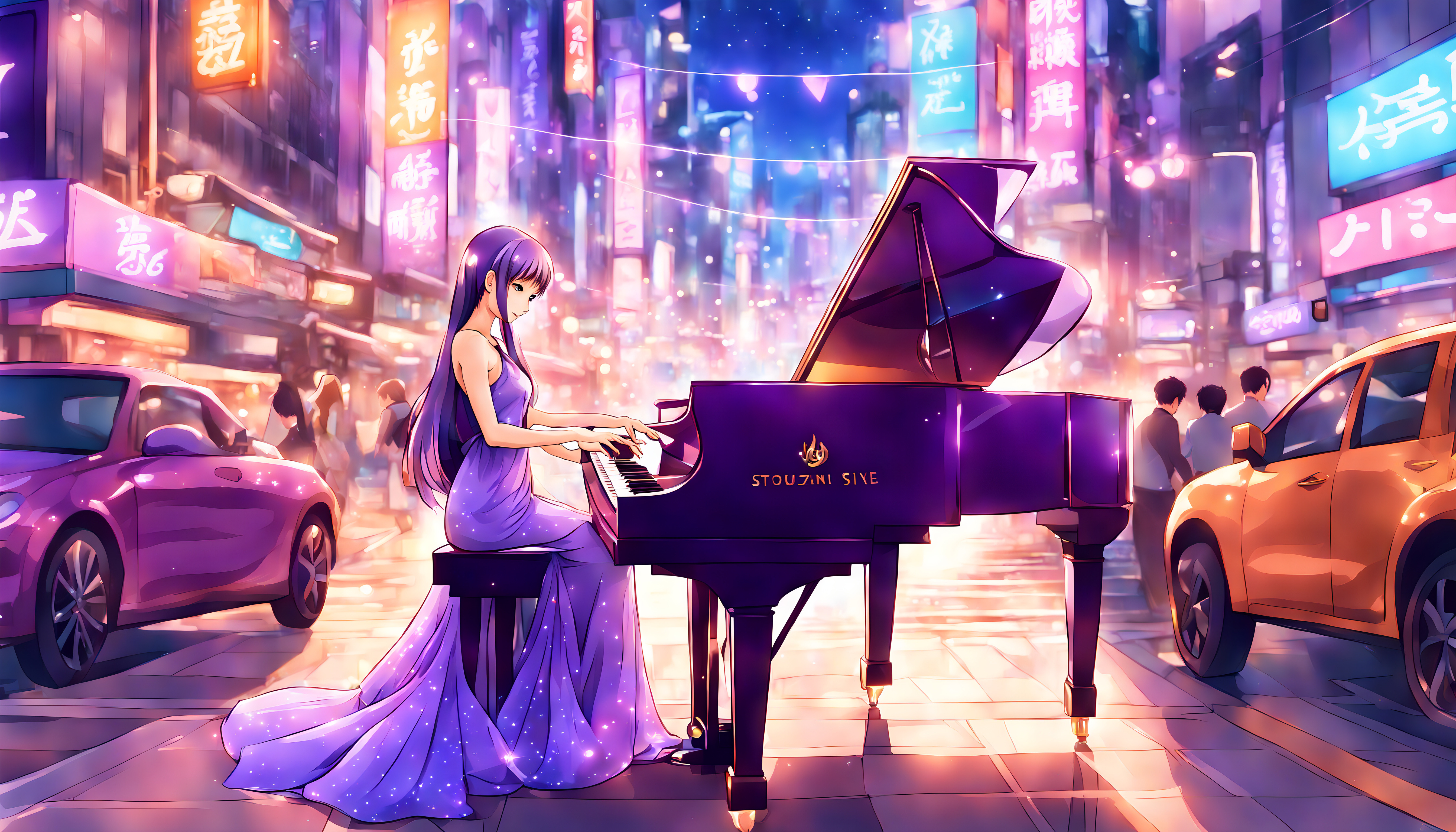 Girl Wearing Sparkling Purple Gown Playing Piano