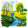 DAPPLED painting WITH a blue bird in the countrysi