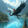 A blue heron is giving a young child a ride on it'