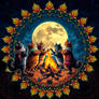 A fractal Mandala of a full moon and cats dancing
