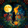 A fractal Mandala of a full moon and cats dancing