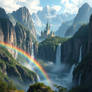 Mystical mountains with waterfalls and rainbows A