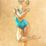 Sunlit girl in the green leotard