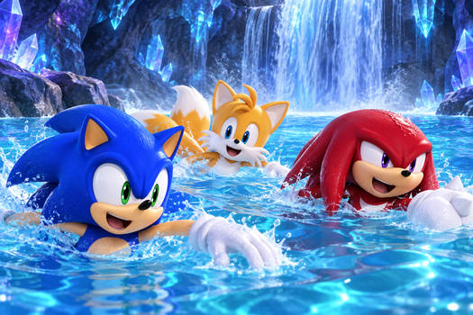 Team Sonic Swimming At Crystal Cave Of Waterfall