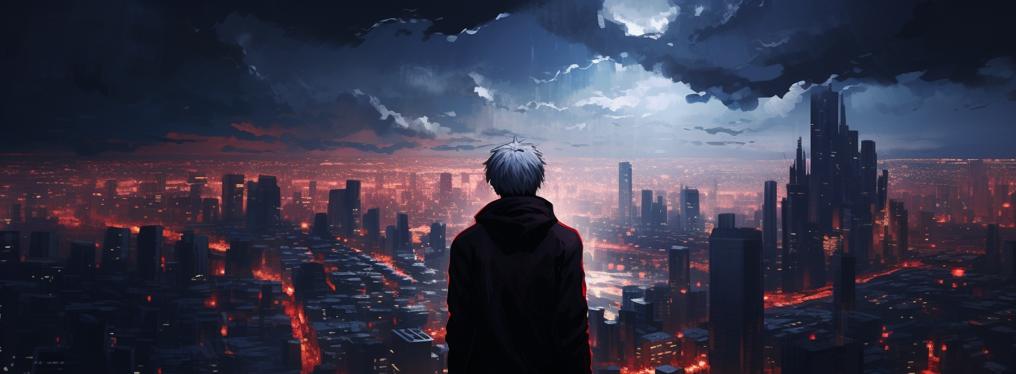 Ken Kaneki stood on top of a skyscraper