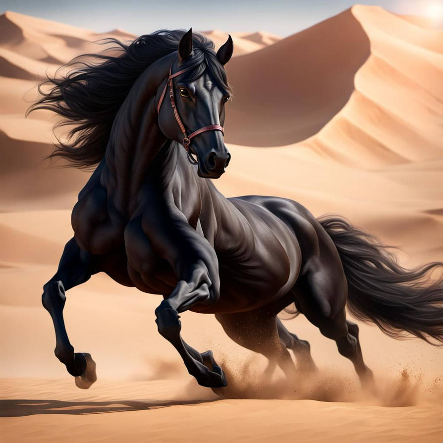 Black Arabian stallion running across a sandy dese by bashfulglowfly on ...