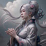 Silver-haired enchantress in tattered kimono calli