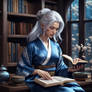 Silver-haired enchantress wearing blue-colored sil