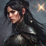 Black-haired female warrior wearing black with sta