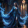 Woman wearing flowing gown made of (blue flames) V