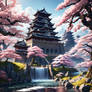 Japanese Castle on a sunny day surround by cherry 