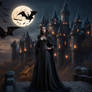 Beautiful Sorceress (black gown) standing at castl