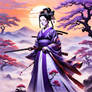 Geisha warrior, purple cloud tree, sunrise