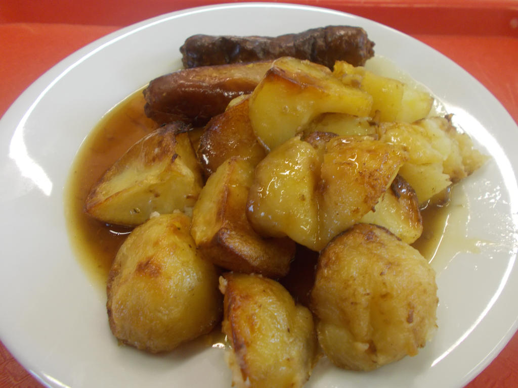 Sausages, roast potatoes and gravy