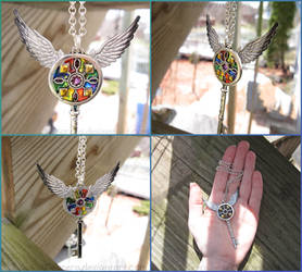 Stained Glass Winged Key Charm Necklace