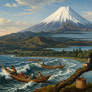 A coastal landscape with mountains in view