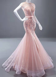 Pink Short Sleeve Bead Sweet Mermaid Dress