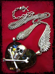 Black Heart and Wings Skull Necklace