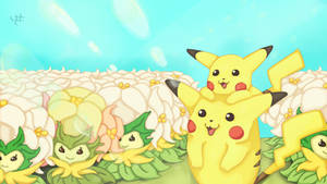 Pikachu fam in a field of Eldelium