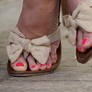 Pink Toes in Beige Flat Sandals Close Up