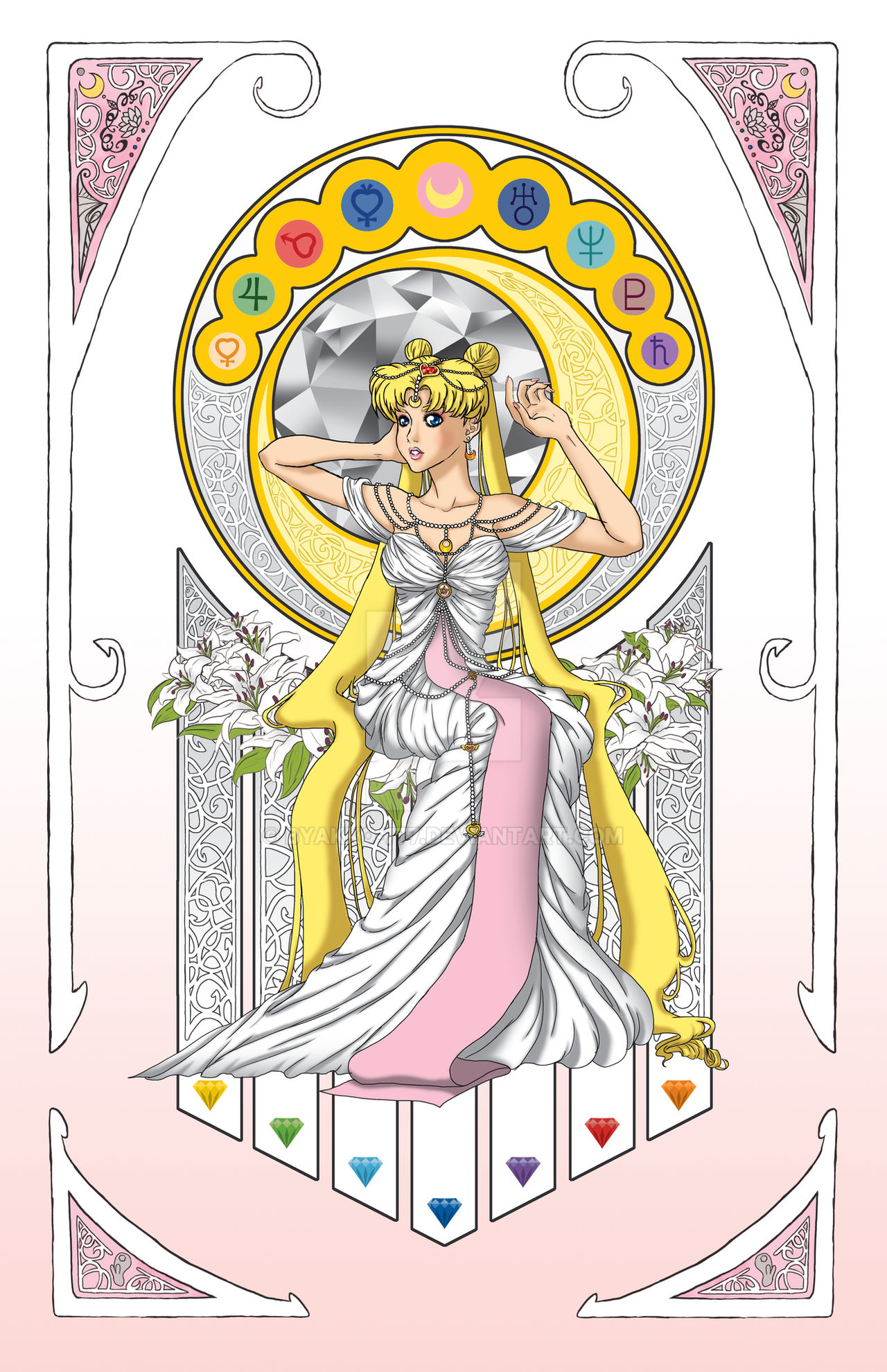 Sailor moon as sailor cosmos with long white hair, a white dress, and a  huge majestic staff, high quality