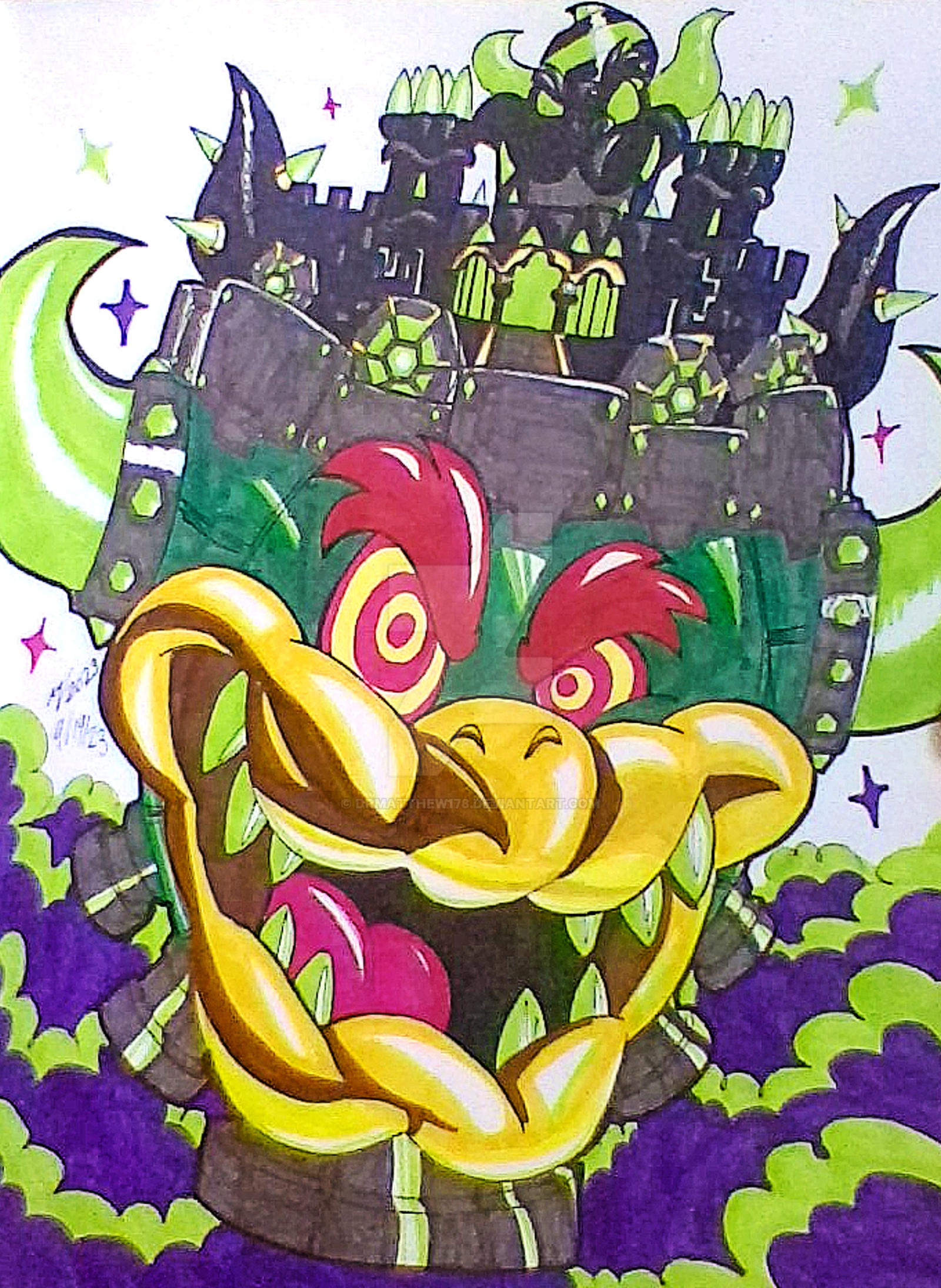 Bowser’s fortress with brick walls, fiery windows, and a menacing flag waving in the wind.