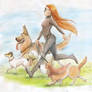 Sister and dogs - watercolor