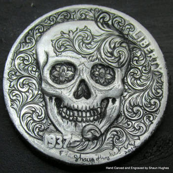 Scrollwork Skull Hand Engraved Coin by Shaun Hughe