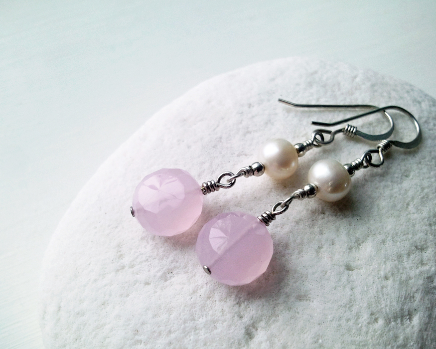 Pink Chalcedony and Pearl Earrings