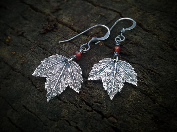 Maple -Baby Leaf- Garnet - Silver Leaf Earrings by QuintessentialArts