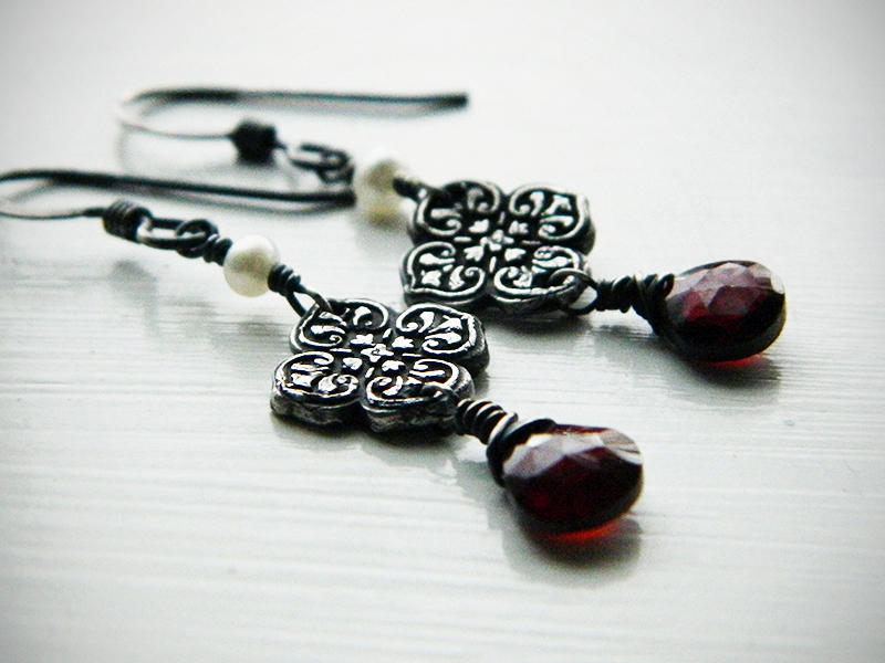 Sanguine Garnet, Silver, and Pearl Earrings by QuintessentialArts