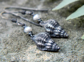 Shell and Pearl Earrings -Oxidized Fine Silver