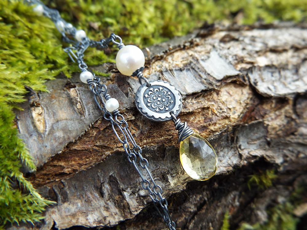 Fine Silver Victorian Citrine and Pearl Necklace