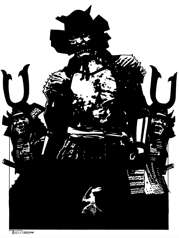 Yojimbo fighting giants by artist Tom Kelly