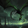 Apocalyptic Green Dragon Flying Over a Desolate