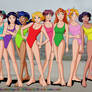 TS Girls in rainbow swimsuits