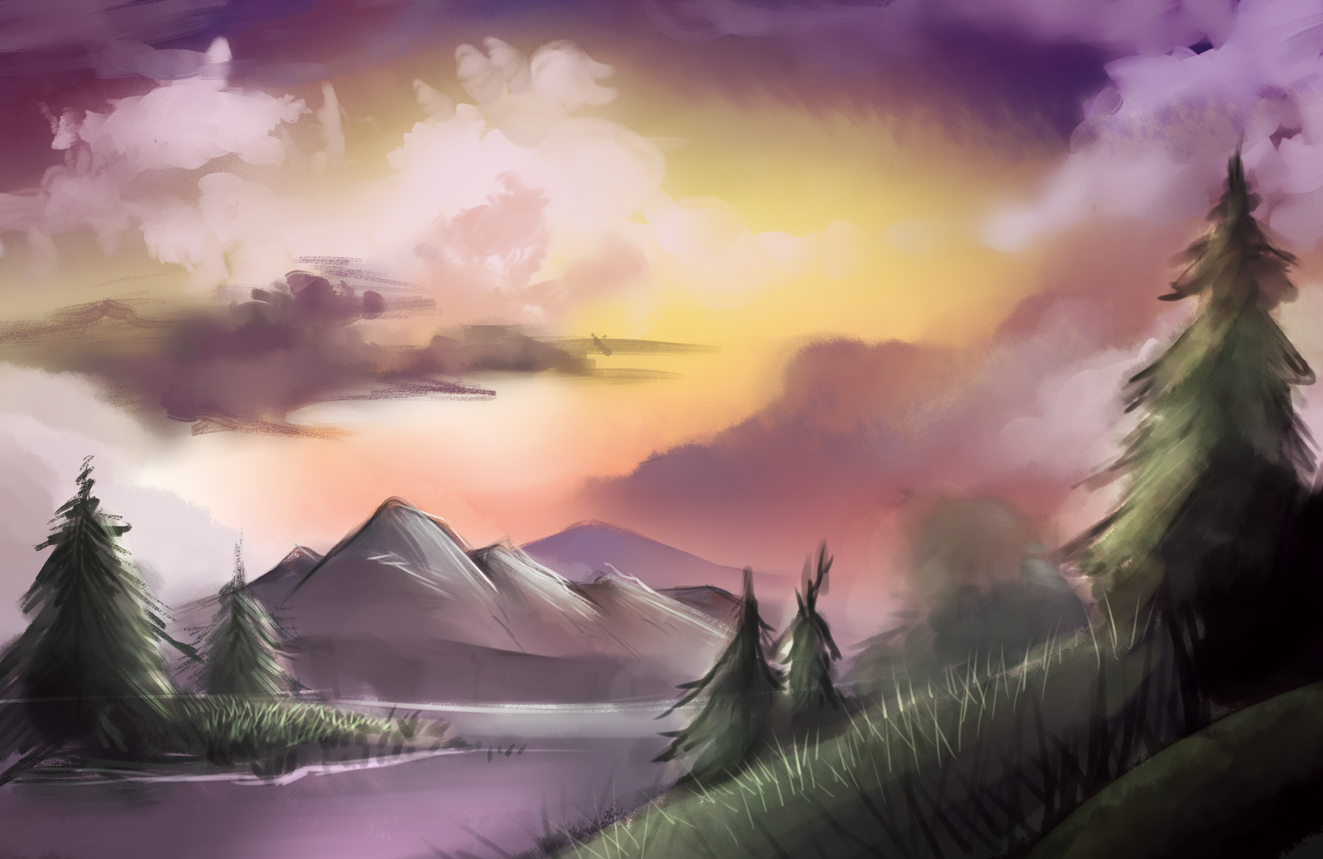 Sunset Aglow [Following a Bob Ross Tutorial] by glacierpaws on
