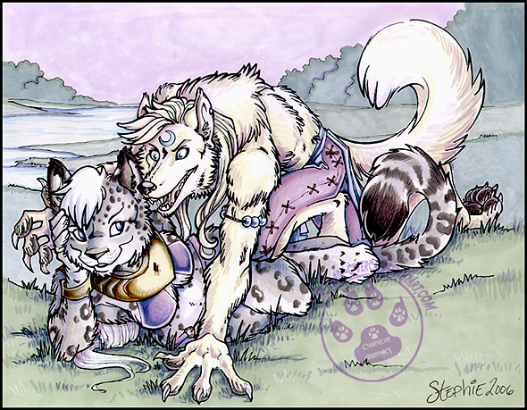 Snow Leopardess and Wolf