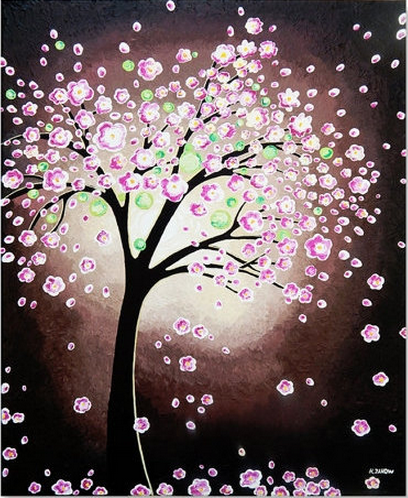 Original Painting, Pink Cherry Blossom Tree Art