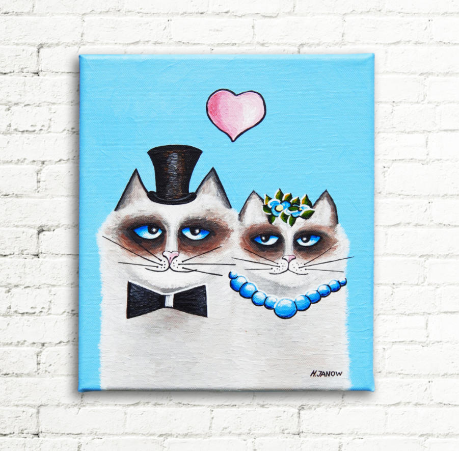 Mr And Mrs Meow Original Acrylic Canvas Painting By Hjmart On