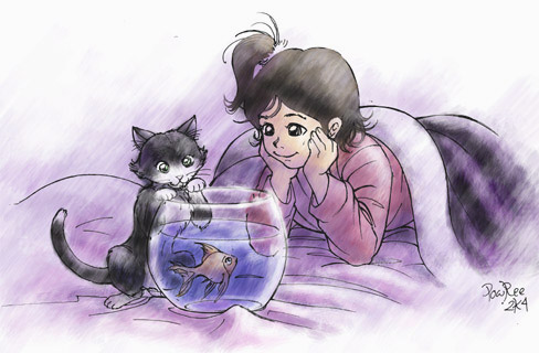 Cat, fish and Girl