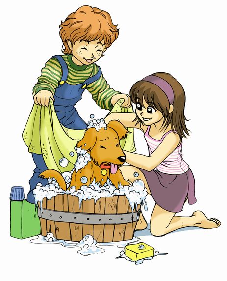 children bathing puppy