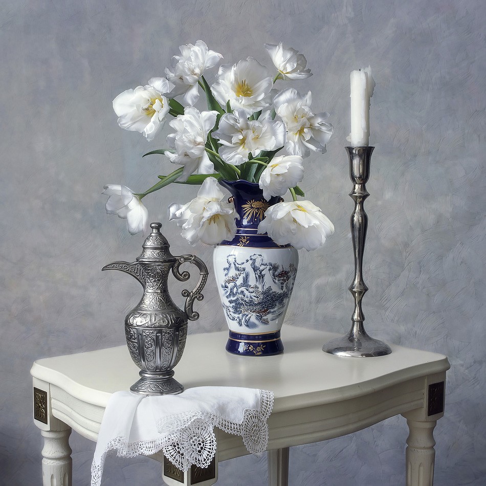 Still life with white tulips