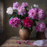 Still life with bouquet of peonies in retro style