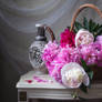 Still life with basket of peonies