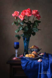 Still life with roses and fruits