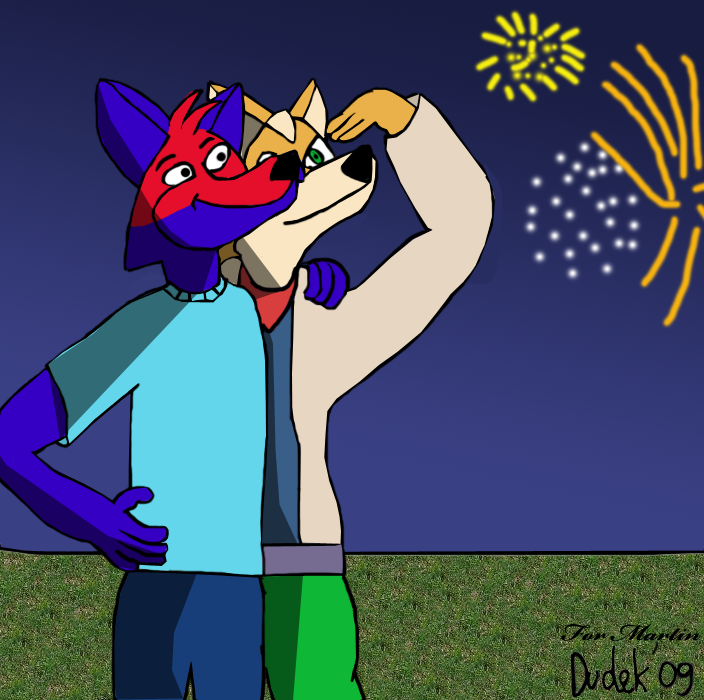 Foxes watching fireworks